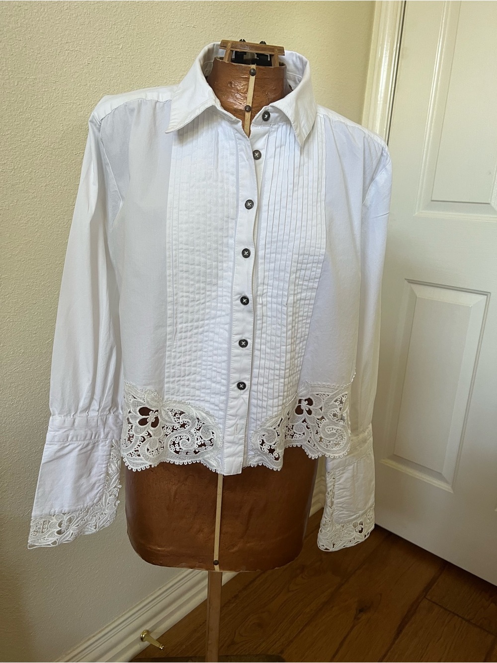 Free People White Button-Front Lace Hem Shirt